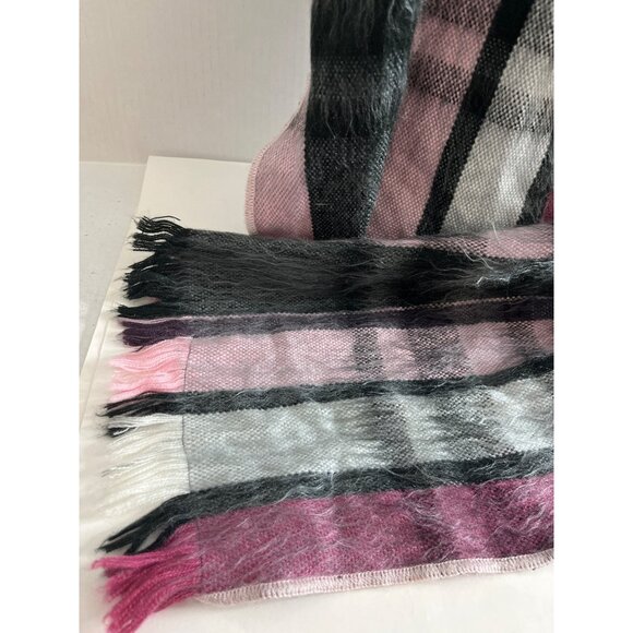 Shupacka Alpaca Blend Scarf Pink Gray Stripe Fuzzy Soft Warm Frayed Edges - Picture 3 of 7